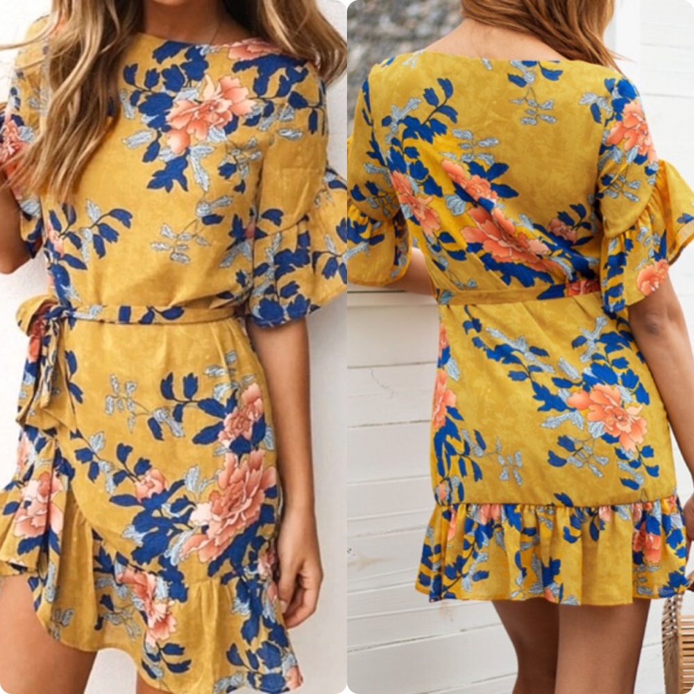 Yellow Floral Dress with Ruffle Sleeves